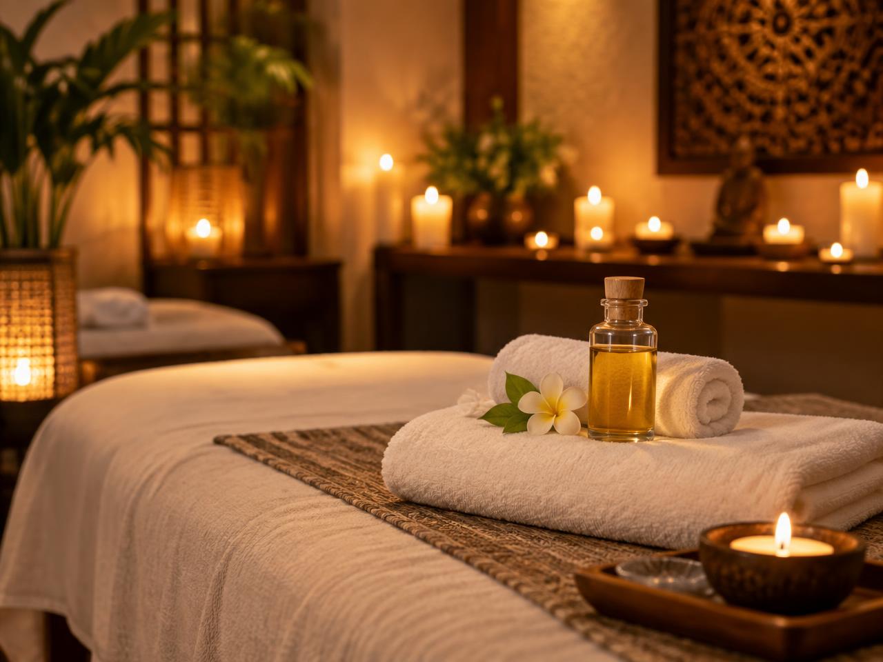 Therapist pouring warm massage oil in a candlelit spa room